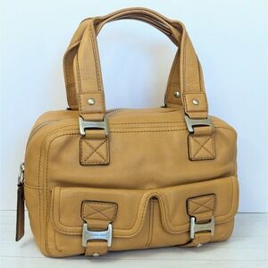 Vtg Y2K MICHAEL KORS Satchel Handbag Camel Tan Leather Barrel Duffle Buckles